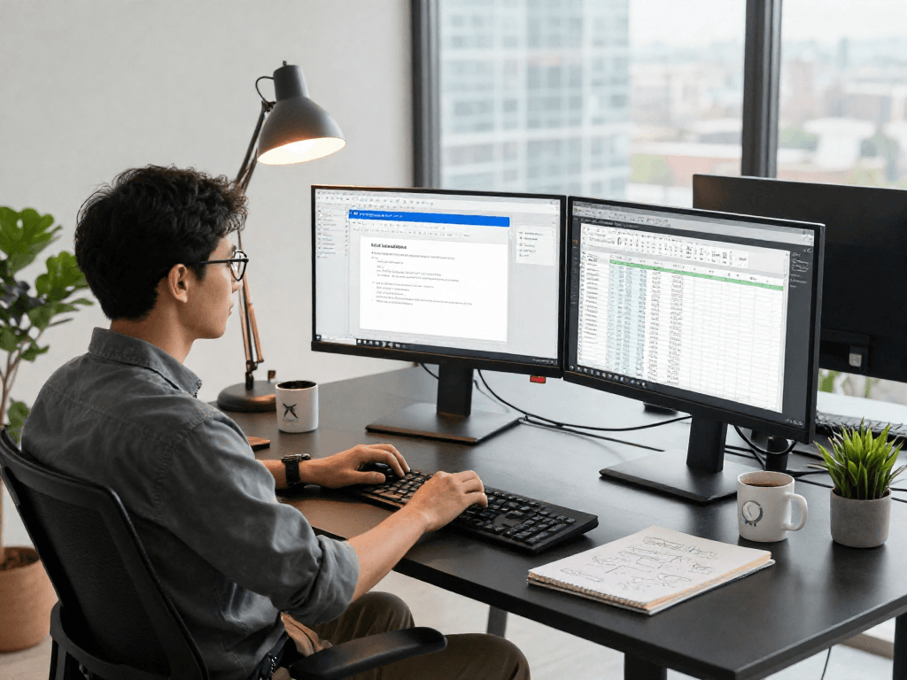 在现代工作环境中，软件工程师使用WPS Office下载编辑文档和表格，专注的工作氛围