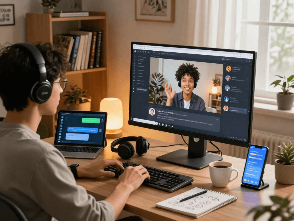 Interactive scene of a person engaging in porn ai chat on a computer in a cozy setting with vibrant visuals.