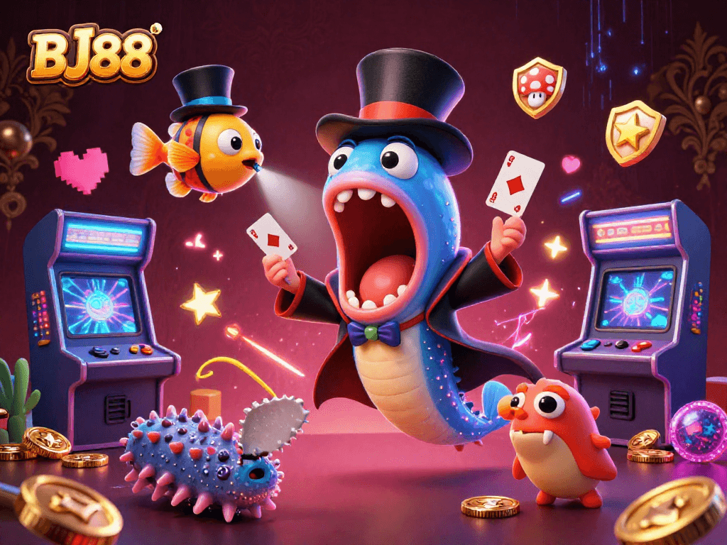 Engage in exciting gaming with BJ88's vibrant illustration featuring unique casino characters and elements.