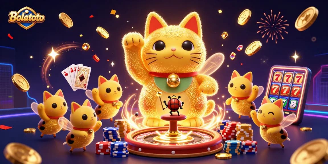 Experience Bolatoto's vibrant casino magic with a dynamic scene of golden fireflies and exciting gaming elements.