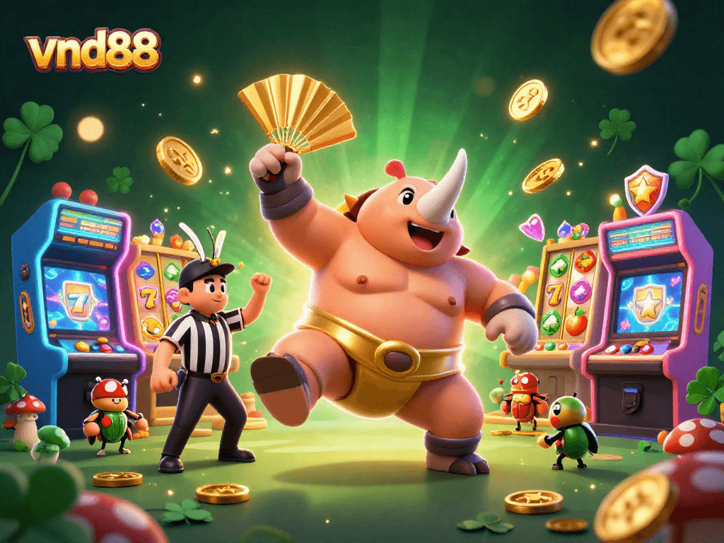 Enjoy the exhilarating vnd88 experience with a sumo beetle champion surrounded by vibrant gaming elements.
