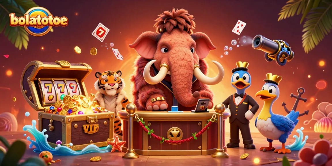 Experience the vibrant bolatotoe casino featuring a mammoth bouncer, saber-tooth guest, and vibrant game elements.