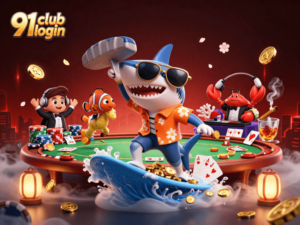 Engage with the thrilling 91 club login experience alongside vibrant characters in a dynamic casino scene.
