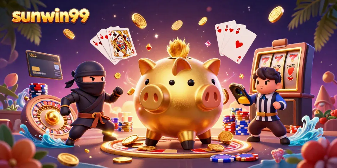 Experience excitement with sunwin99 as golden coins cascade from a piggy bank sumo wrestler.