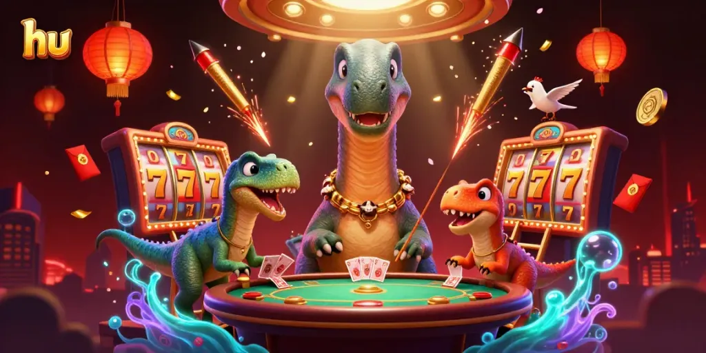 Engaging gaming visual with hu, showcasing dynamic slots, a brontosaurus, and vibrant casino elements.