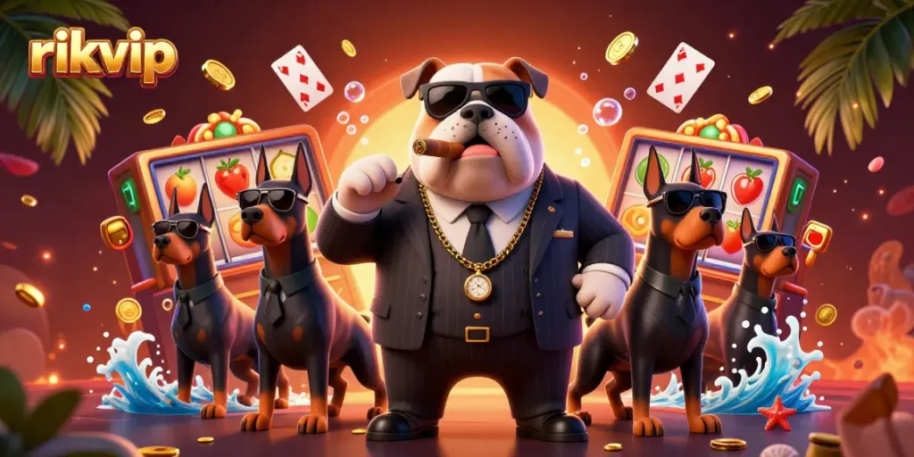 Join the fun with rikvip as vibrant slot reels, a mafia bulldog, and Doberman bodyguards create an exciting casino atmosphere.