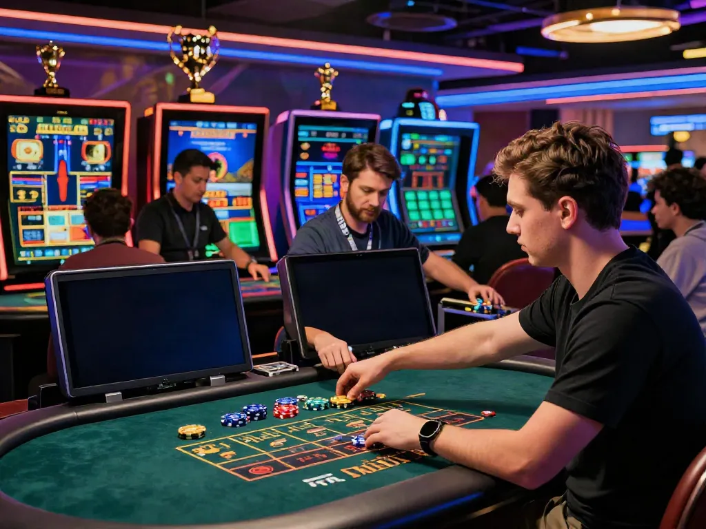 Players engaging in a dynamic man88 online casino with a live baccarat dealer and vibrant sports betting screens.
