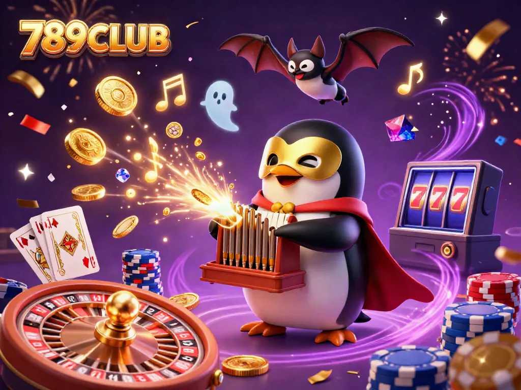 Experience exhilarating wins with 789CLUB; a lively casino scene with animated characters, gold coins, and games.
