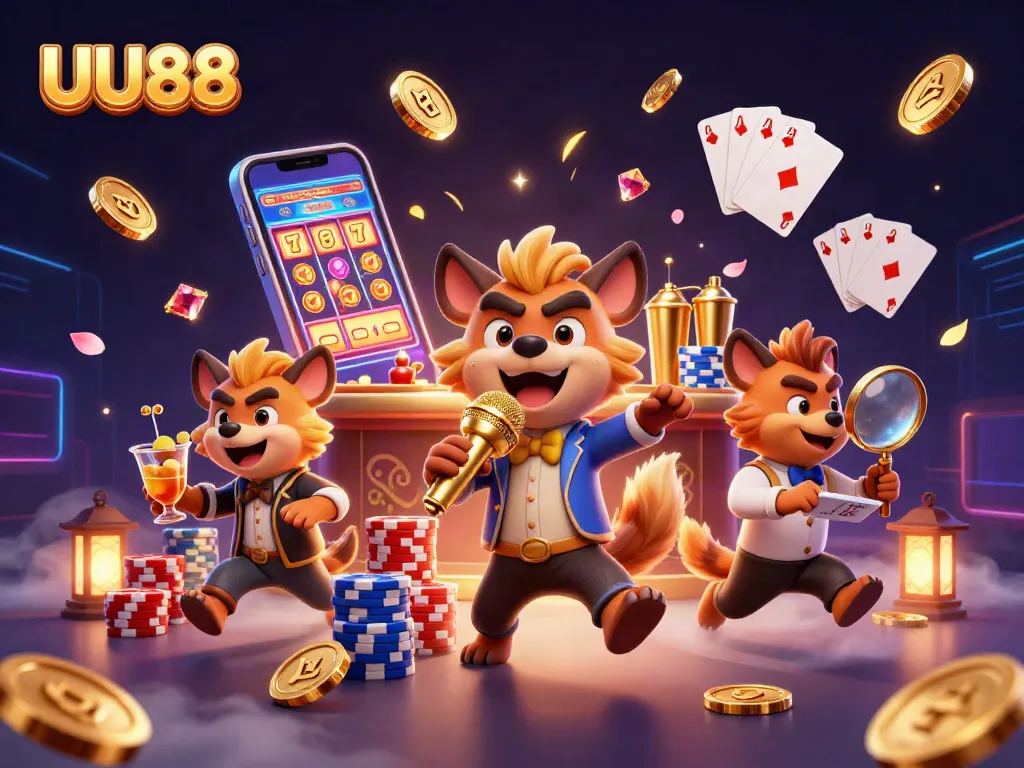 Experience the thrill of UU88 in a vibrant casino scene with hyenas enjoying games, comedy, and drinks.