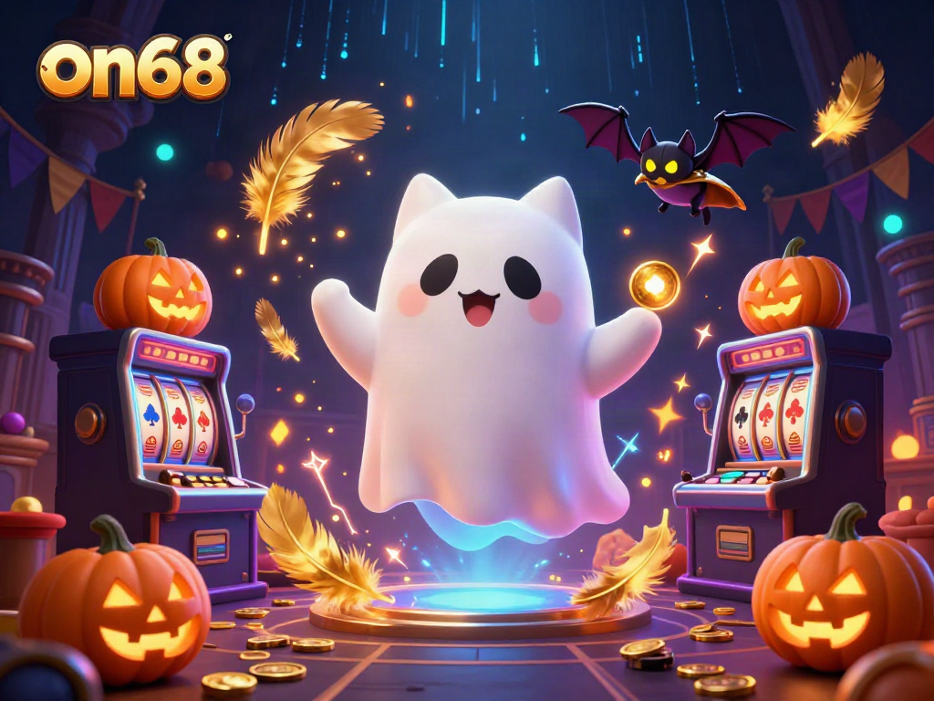 Engage with on68's thrilling gaming experience as a ghost cat floats through a haunted casino, crafting exceptional gaming charm.