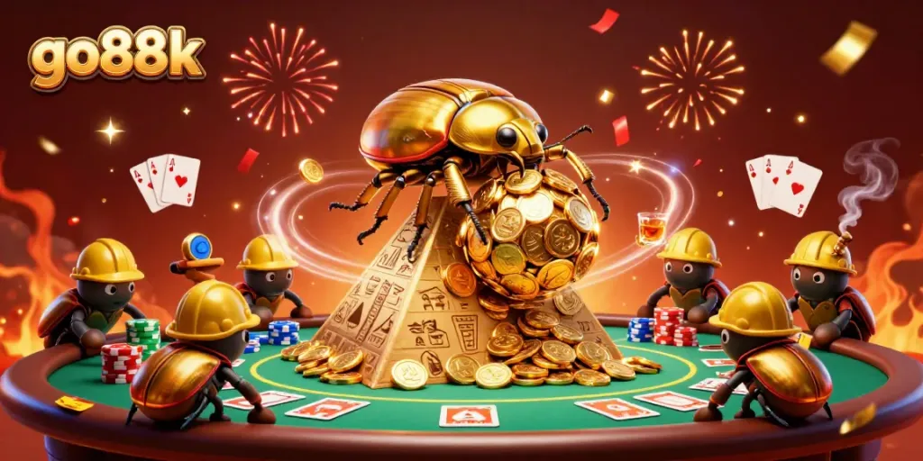 Engage with the go88k casino experience, where a golden beetle rolls a wealth of coins across a vibrant gaming scene.