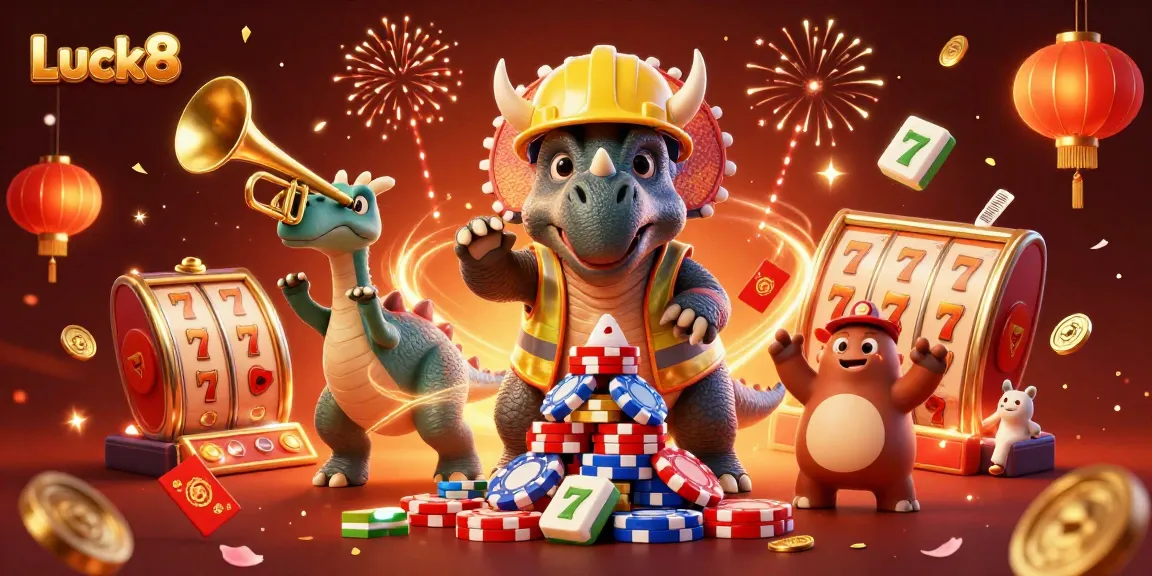 Luck8 celebrates gaming with a vibrant illustration featuring a joyful triceratops building a poker chip pyramid.
