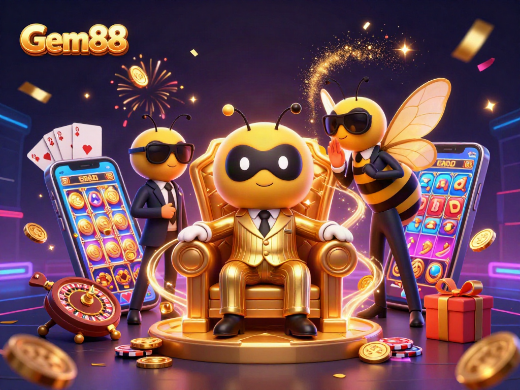 Engaging Gem88 illustration with a bumblebee mob boss overseeing a dynamic casino scene filled with games.