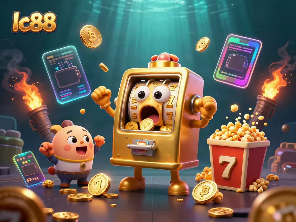 Celebrate big wins with lc88 in a dynamic slot machine scene featuring cheerful characters and cryptocurrency elements.