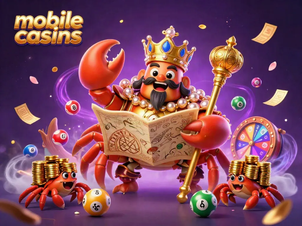 Experience the excitement of mobile online casinos with a golden crab emperor amidst lottery balls and golden tickets.