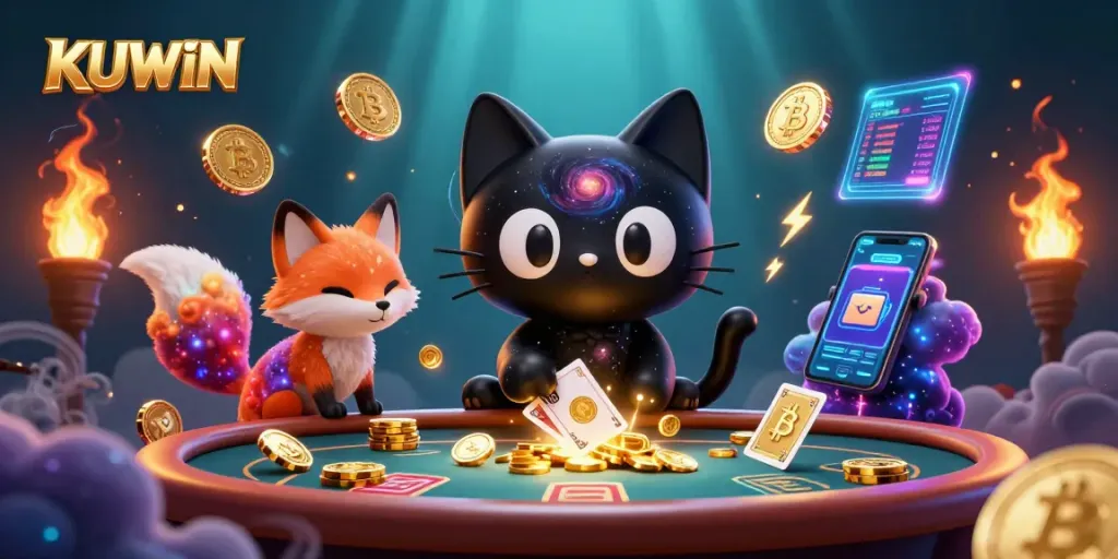 KUWIN attracts players with its vibrant cosmic casino scene, showcasing dynamic 3D characters and cryptocurrency elements.