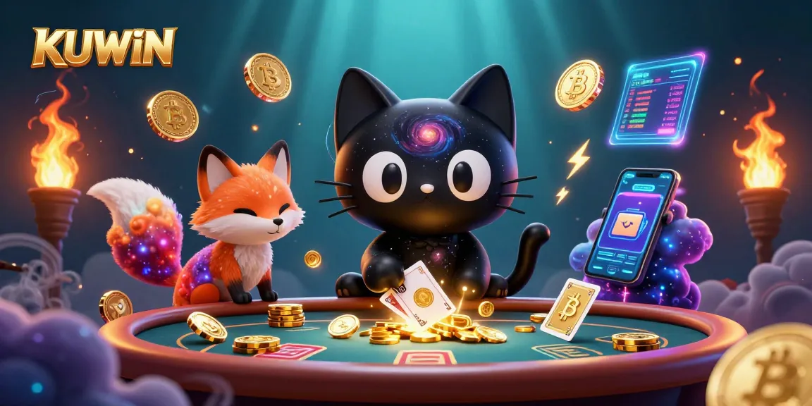 KUWIN attracts players with its vibrant cosmic casino scene, showcasing dynamic 3D characters and cryptocurrency elements.