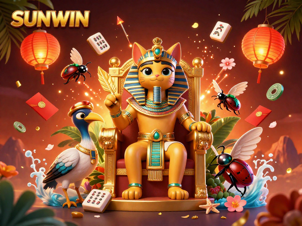 SUNWIN brings excitement with a vibrant illustration featuring a pharaoh cat, ibis scribe, and dynamic gaming elements.