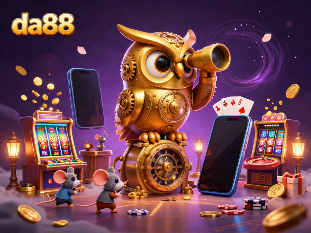 Experience the excitement at da88 with a clockwork owl and lively casino patrons amidst vibrant gaming elements.