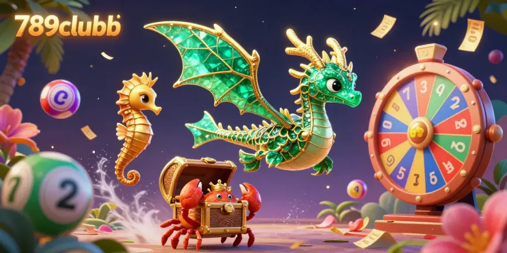 Engage with exciting moments at 789clubb featuring vibrant lottery elements and a jeweled sea dragon.
