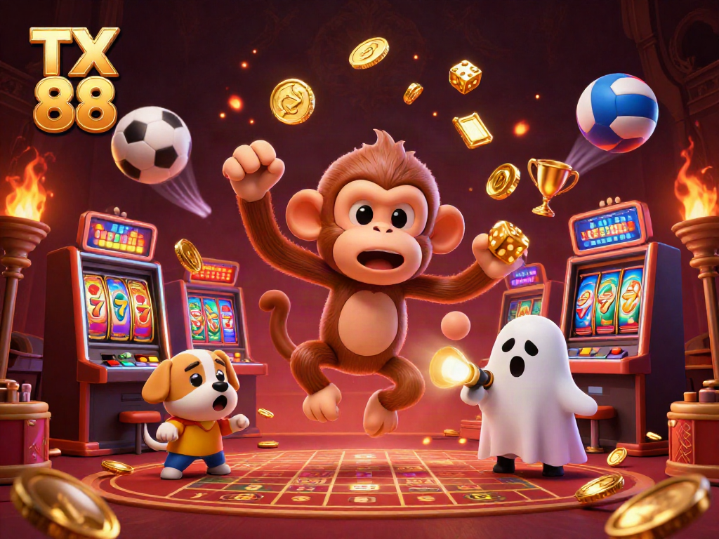 Engaging TX 88 online casino scene featuring a playful monkey and ghost-hunter puppy amidst exciting gaming elements.