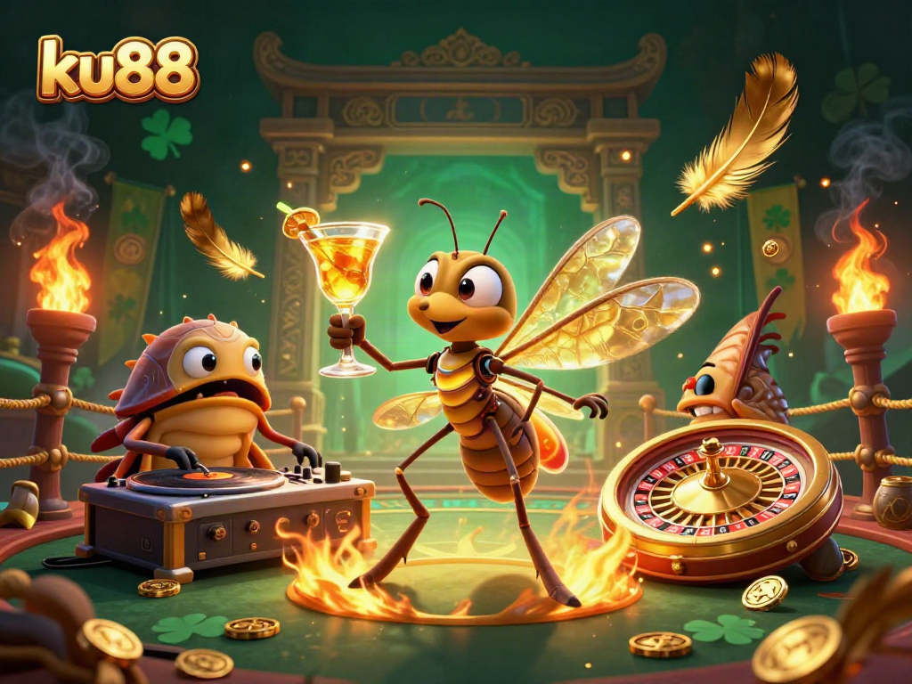 Experience the vibrant energy of ku88 with a lively 3D casino scene featuring animated characters and dynamic gaming elements.