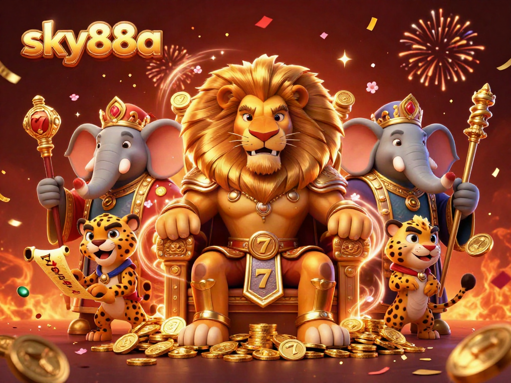 Engage with sky88a in thrilling 3D slots action featuring a lion king and vibrant game elements.
