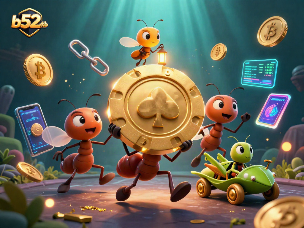 Join the thrilling b52club heist with animated ants and crypto elements in a vibrant casino scene.