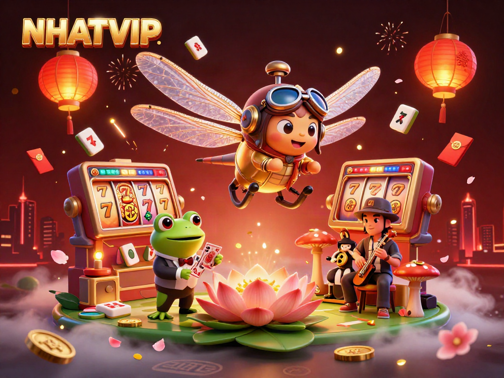 Experience NHATVIP's vibrant casino world with thrilling game elements in a unique 3D illustration.