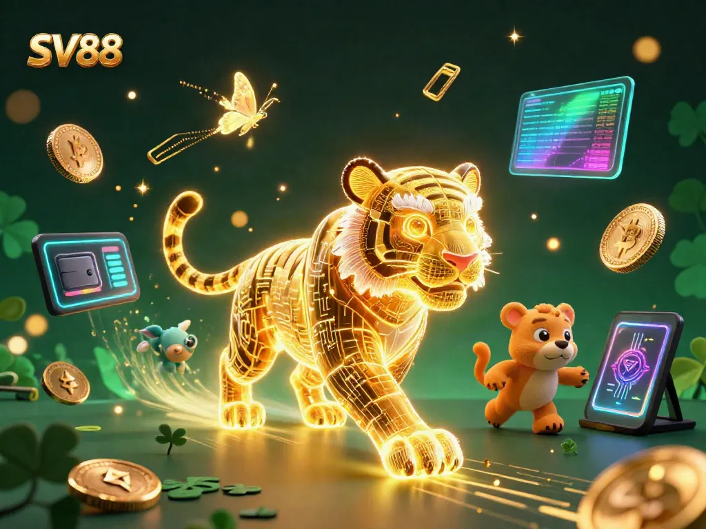Engage with SV88 at a vibrant 3D casino, filled with neon energy and crypto-themed elements.