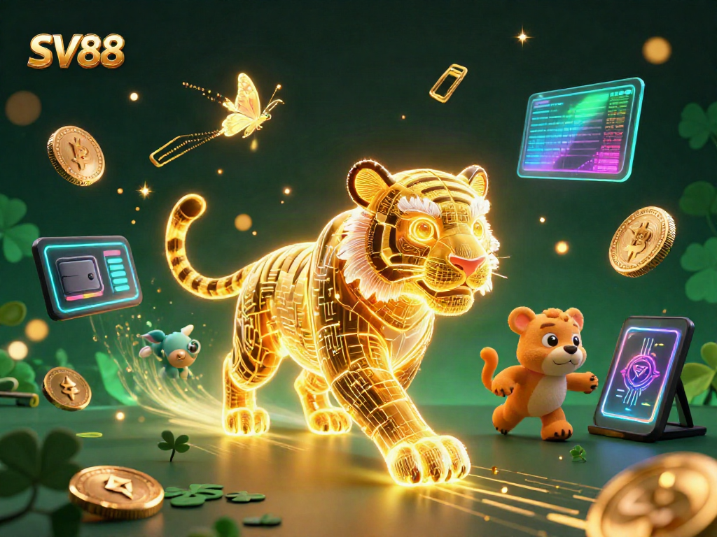 Engage with SV88 at a vibrant 3D casino, filled with neon energy and crypto-themed elements.