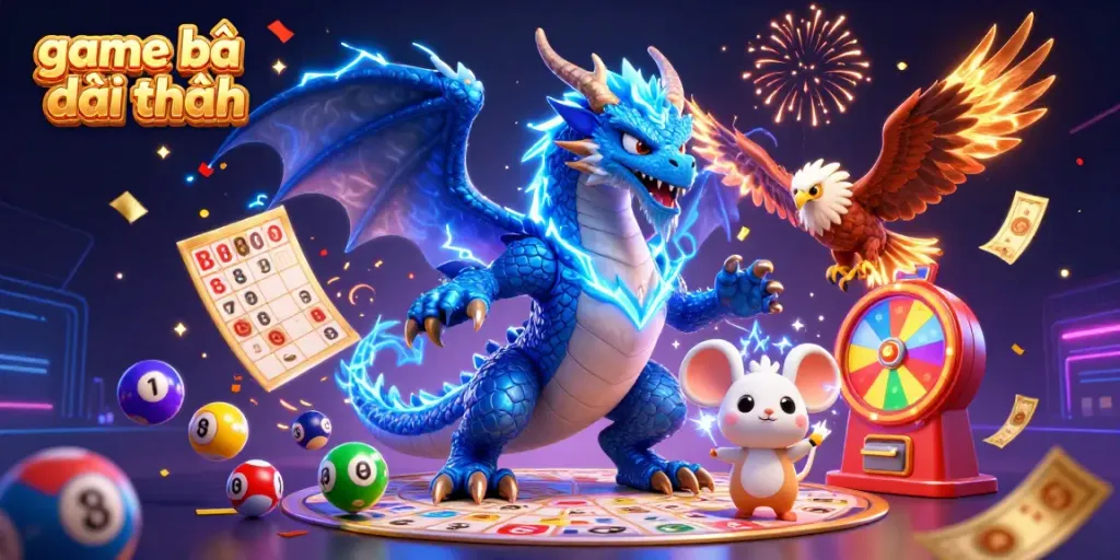 Experience exciting game bài đổi thưởng with vibrant characters and dynamic lottery elements in this digital illustration.