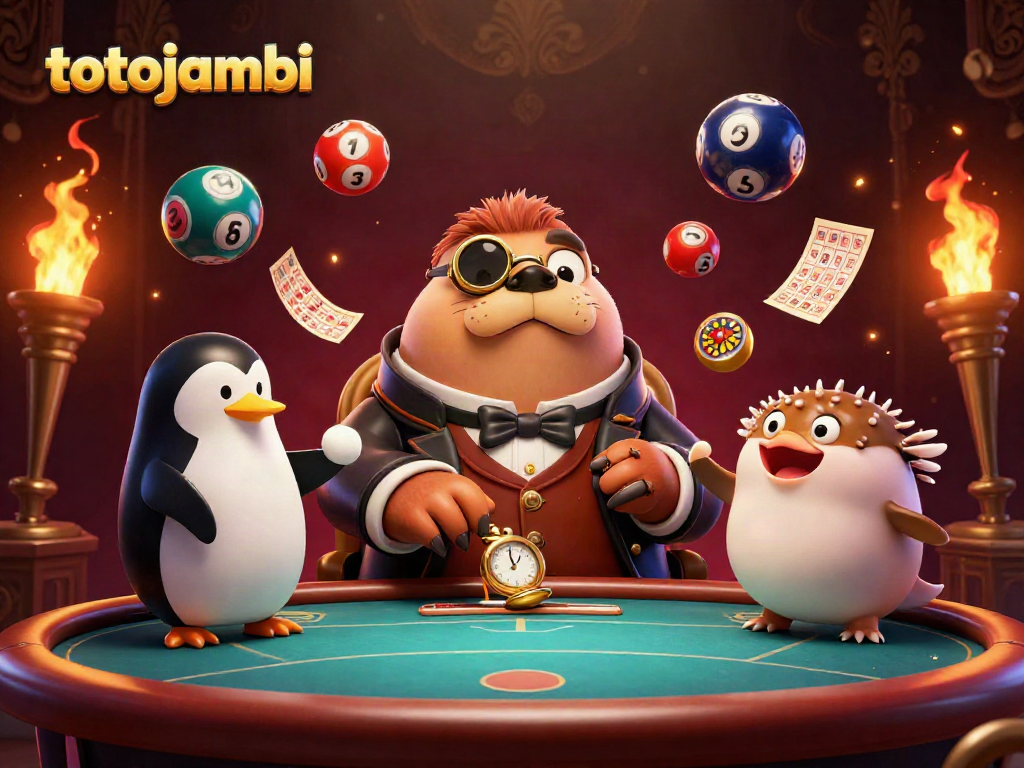Experience thrilling totojambi gaming with a fun underwater poker table scene involving a walrus, penguin dealer, and pufferfish.