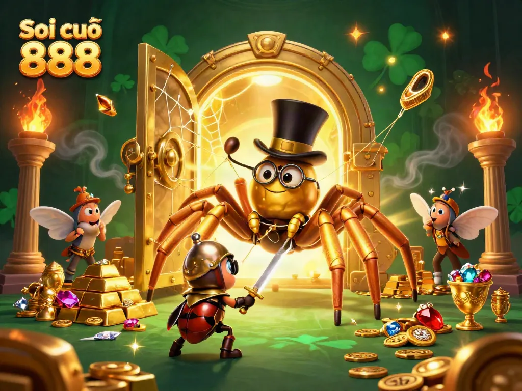 Soi cầu 888 features a giant golden tarantula and a brave beetle knight in a vibrant casino scene.