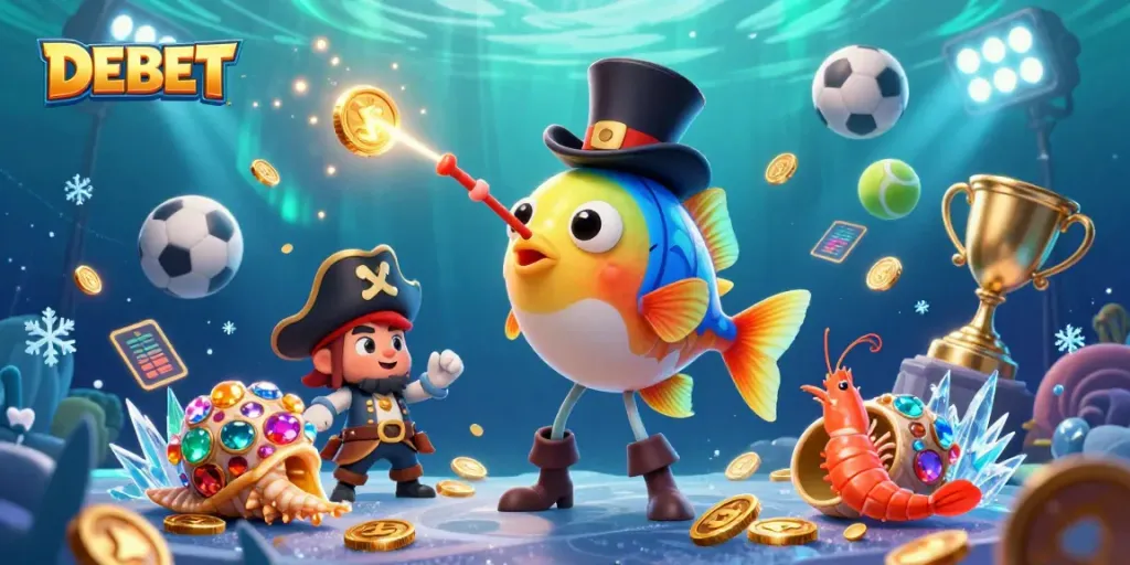 DEBET players fishing for wins with anglerfish and friends in an underwater sports scene.