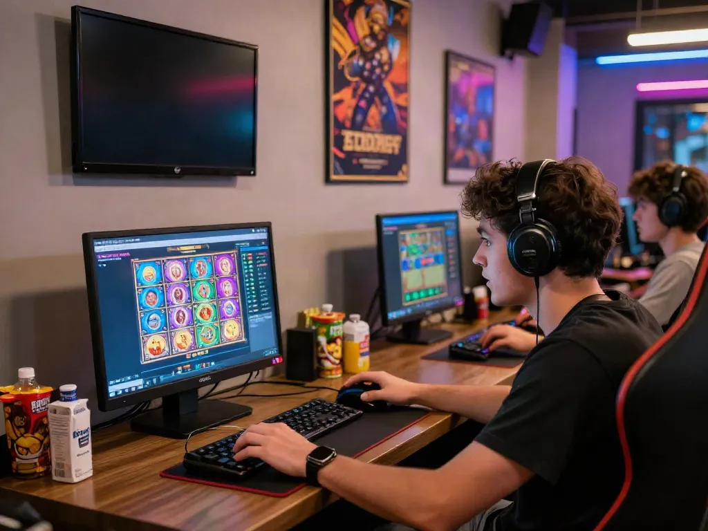 Engaged player using slot qris on smartphone in vibrant gaming setup
