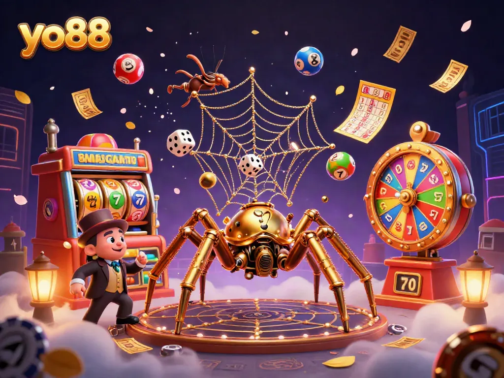 Experience thrilling action with yo88 as a steampunk spider catches dice in a vibrant casino scene