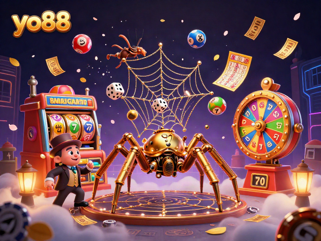 Experience thrilling action with yo88 as a steampunk spider catches dice in a vibrant casino scene