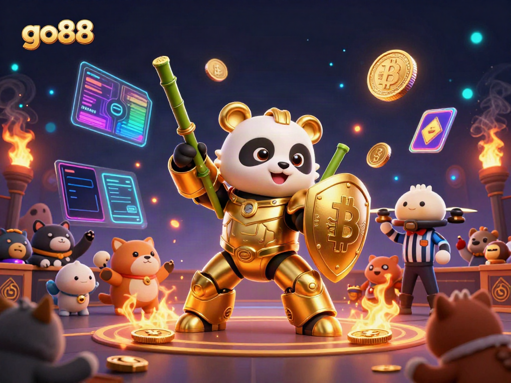Engage with go88's vibrant casino atmosphere featuring a golden panda in a mech-suit and crypto elements.