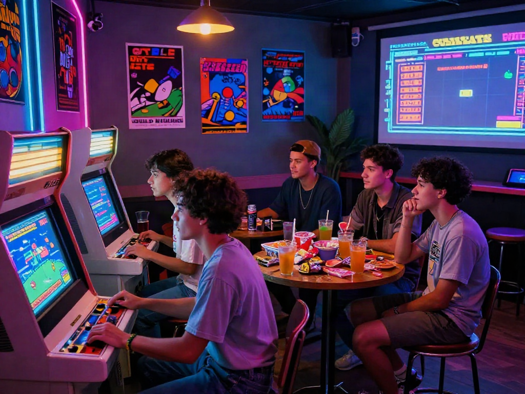 Nostalgic scene of friends enjoying PECah404 retro games at an arcade with colorful lights.