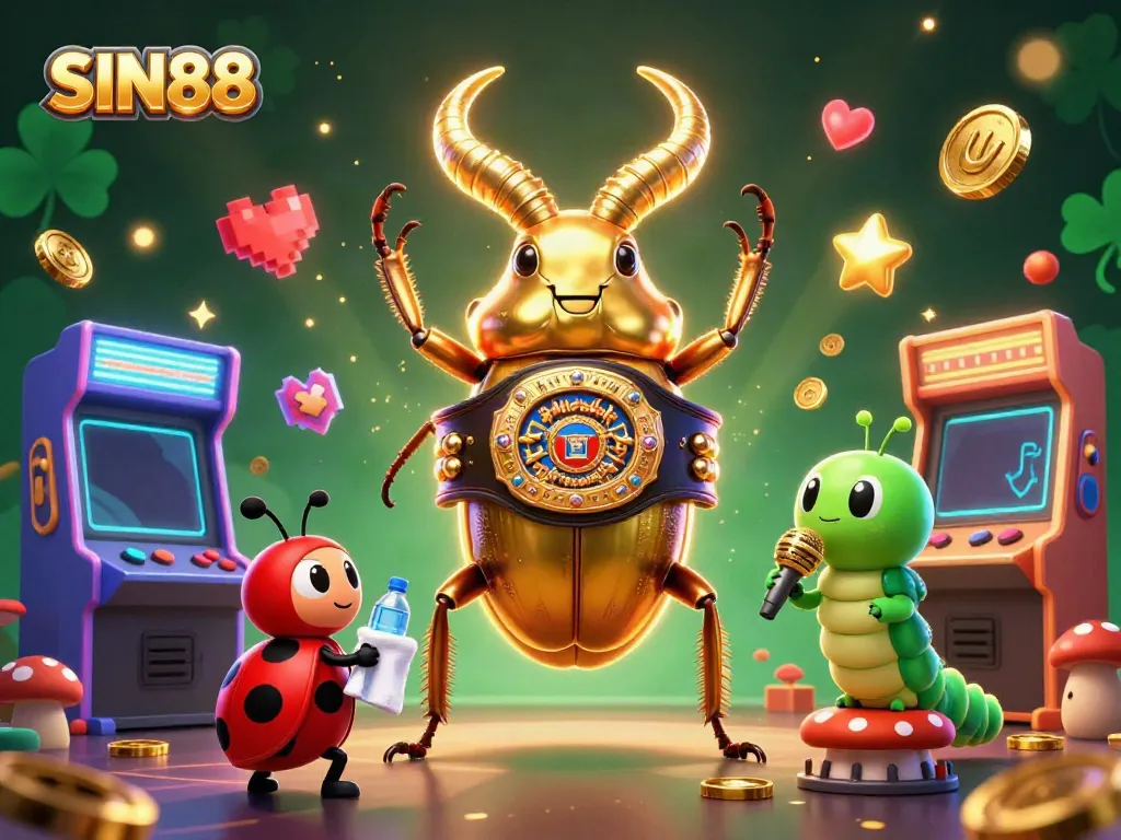 Engage with thrilling gameplay at SIN88 with a giant beetle champion in a vibrant casino scene.