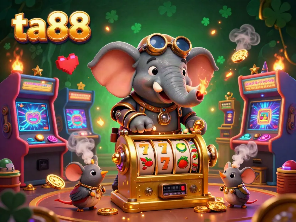 Experience thrilling casino action with ta88 as a steampunk elephant engineers a slot machine.