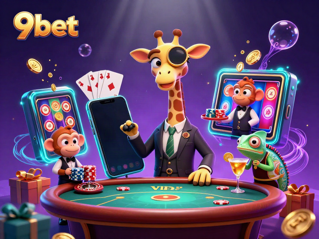 Join the fun at 9bet with a vibrant casino scene featuring a high-roller giraffe and his companions.