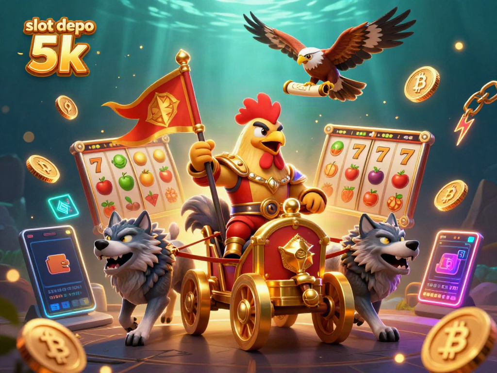 Engage with slot depo 5k featuring a rooster warlord in a vibrant 3D casino world with shining coins.