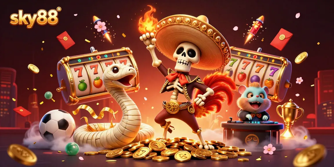 Engage in exciting wins at sky88 with a lively scene featuring a mariachi rooster, a mummy snake, and a DJ hamster.