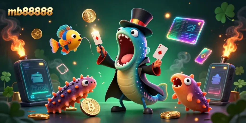 Experience thrilling magic at mb888888 with a bioluminescent eel performing card tricks in an underwater casino scene.