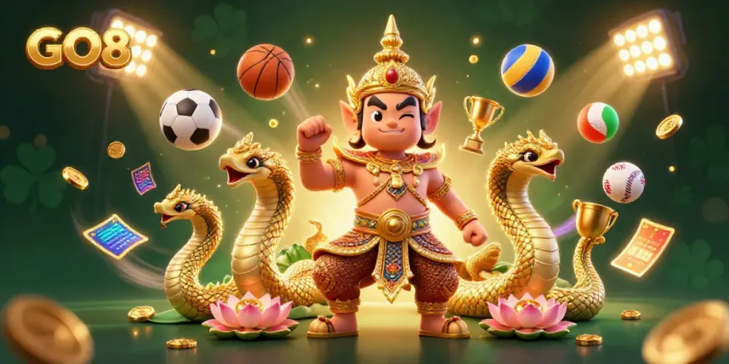 Engage with GO8 in an interactive and vibrant casino scene featuring dynamic sports elements and an elaborate guardian.