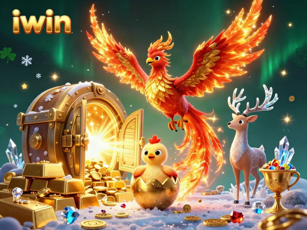 Experience excitement with iwin as a phoenix soars above treasures, captivating casino adventure.