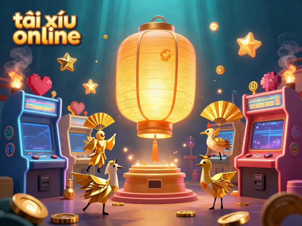 Experience the thrill of tài xỉu online with a vibrant, glimmering casino scene featuring golden lantern spirits and arcade machines.