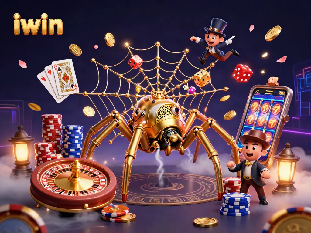 Spin your luck with iwin in this dynamic steampunk casino scene filled with coins and games.